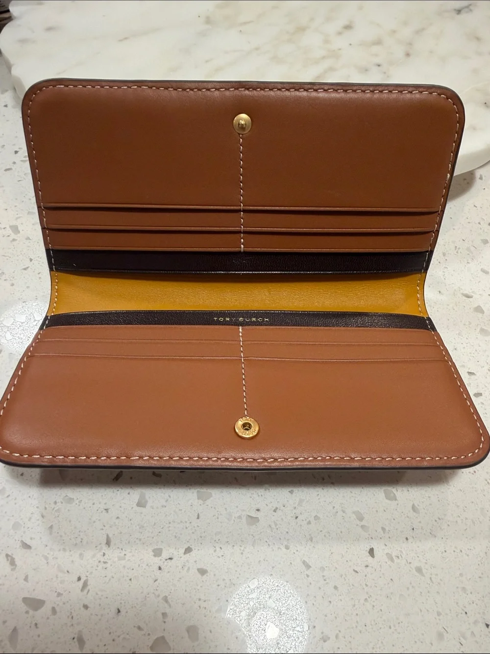 Tory Burch Monogram Beige Canvas Wallet with Brown and Mustard Trim